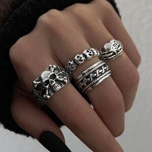 Silver Skull Rings Set, 4 Piece Skull Ring Set